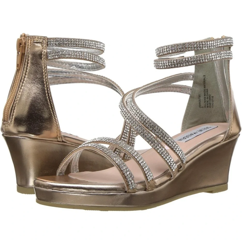 STEVE MADDEN Girls Jsweetst Rose Gold Dress wedge Sandal with rhinestones
